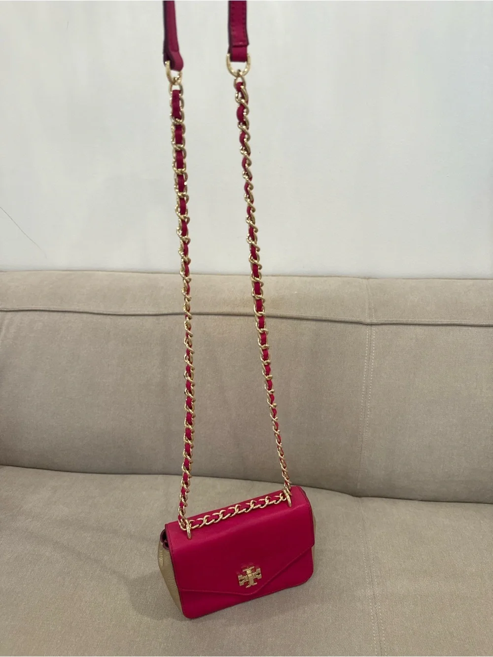 Tory Burch Kira Shoulder Crossbody Leather Bag in Hot Pink and Gold Hardware
